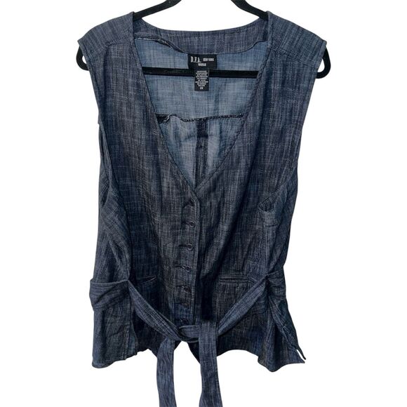 DFA New York Denim Vest Womens Plus 2X Stretch Knit Belted Button Front - Picture 1 of 8